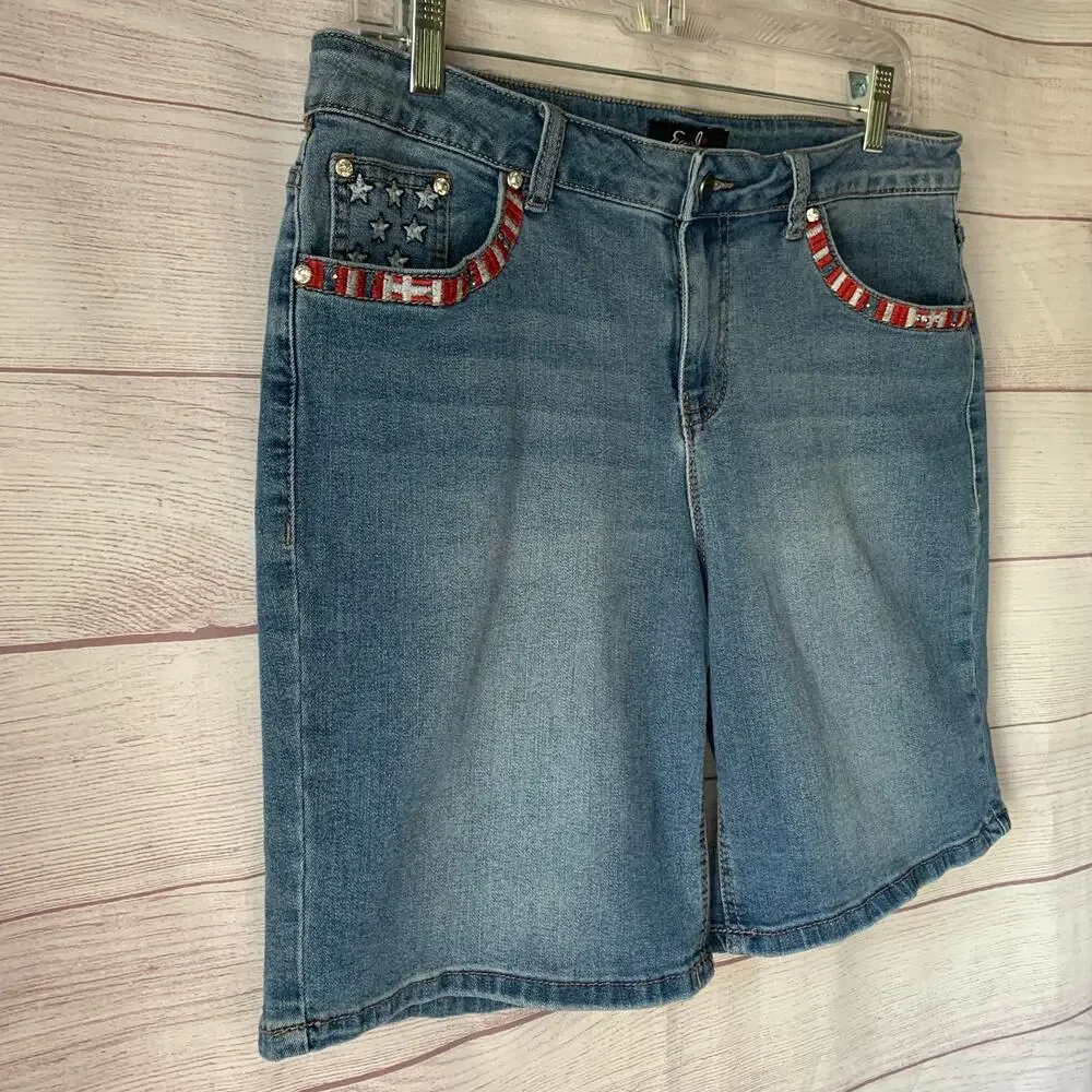 Earl Jeans Bermuda Denim Jean Shorts Patriotic Flag Embellishments Size 12